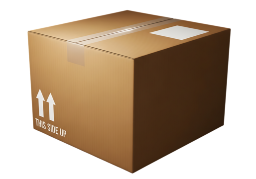 Cardboard Box with Shipping Label and Arrows Indicating Proper Orientation