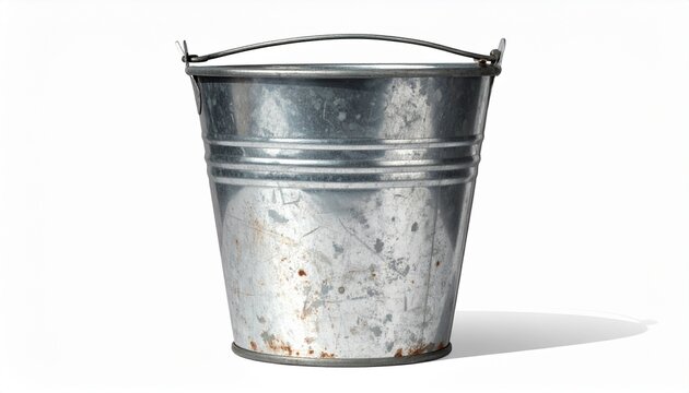 Old Metal Bucket Isolated on White Background with Shadow, Vintage Galvanized Pail, Rustic Farm Tool, Empty Container for Water or Garden Use