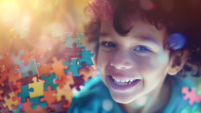 Smiling child surrounded by floating puzzle pieces symbolizing mental development and awareness in early childhood education. Psychology and learning concept