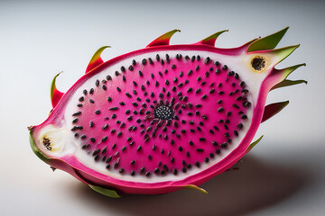 Artistic photo of dragon fruit cut open to display speckled interior promoting healthy lifestyle choices and appreciation for exotic fruits in educational materials
