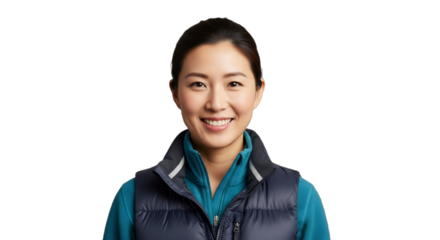 Smiling East Asian woman, 33-37, conservationist, winter wildlife focus, wearing down vest. Perfect for environmental campaigns, scientific journals, career profiles, Earth Day, or Women's Day.