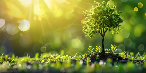 Small tree growing in fertile soil with bright sunlight and bokeh background