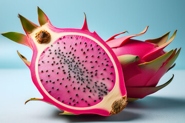 Minimalist macro image of fresh dragon fruit half showcasing bright colors and seeds to inspire nutrition awareness and creative food education for young learners
