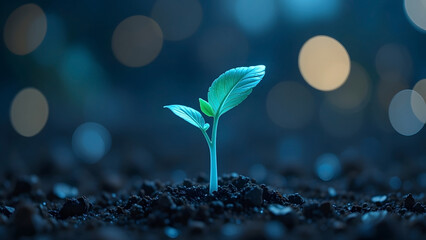 Small glowing plant sprout in dark soil, new life, growth, nature, ecology, innovation, agriculture