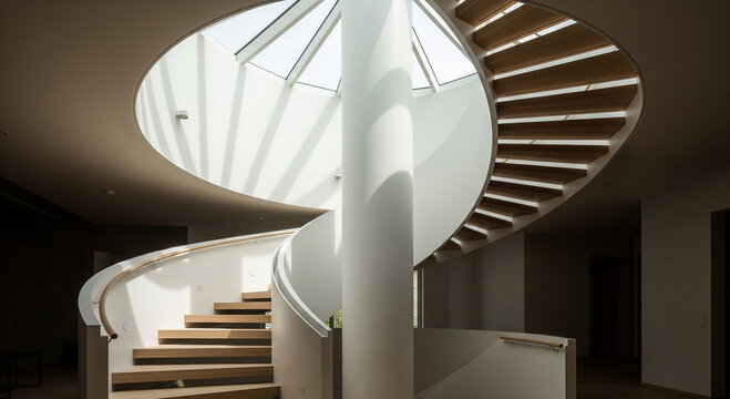 Elegant wooden spiral staircase with natural light from skylights - Powered by Adobe