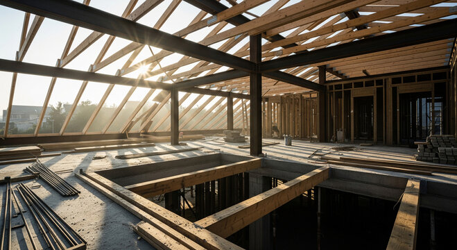 Construction of a modern house with exposed wooden beams and steel frame