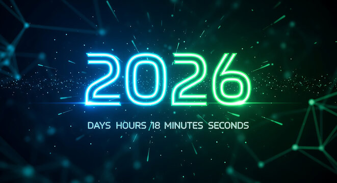 Digital neon 2026 countdown with futuristic network background and glowing elements.