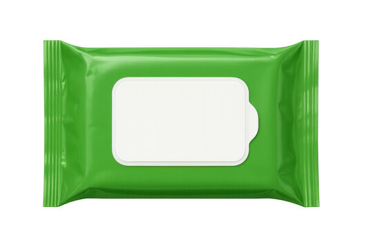 Green wet wipes packaging mockup with blank label, ready for hygiene and cleaning product branding, transparent background