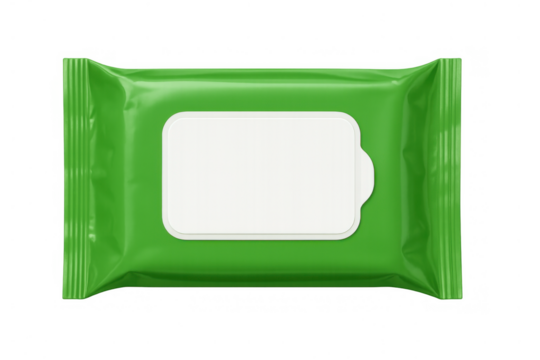 Green wet wipes packaging mockup with blank label, ready for hygiene and cleaning product branding, transparent background