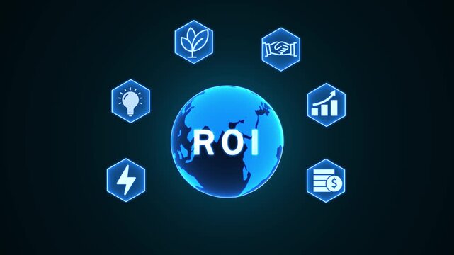 Digital Earth with ROI Concept Icons and Glowing Hexagons on Dark Background globe world