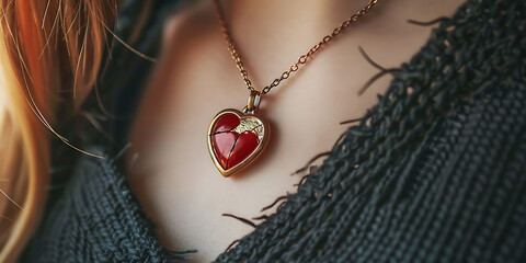 Close-up of a woman wearing a heart-shaped ruby pendant necklace on a knitted sweater