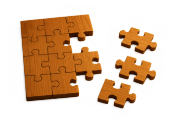 Wooden jigsaw puzzle pieces connecting, creating an incomplete solution, and several loose pieces on a transparent background