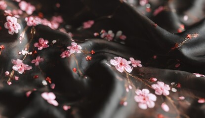 Close-up of dark fabric with tiny embroidered cherry blossoms