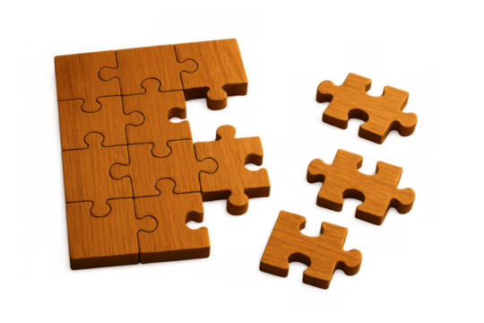 Wooden jigsaw puzzle pieces connecting, creating an incomplete solution, and several loose pieces on a transparent background