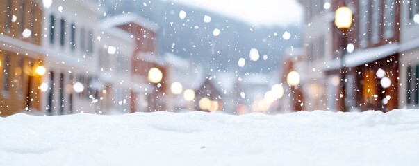  serene winter scene featuring softly falling snowflakes over a snowy street, with blurred buildings and warm lights creating a cozy atmosphere.