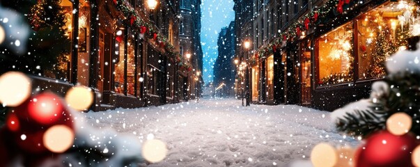  snowy street scene decorated for the holidays, featuring glowing lights, festive decorations, and a tranquil atmosphere.