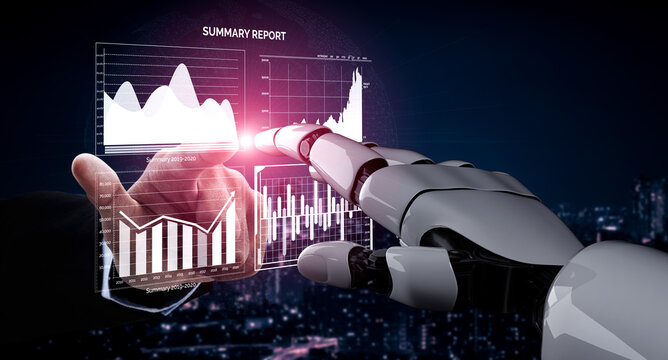 A robot hand interacts with a digital interface displaying data visualizations and graphs, symbolizing the fusion of technology and analytics in modern business. Impute