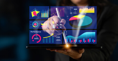 A business analyst interacts with a digital dashboard featuring various graphs and metrics on a laptop, highlighting performance analysis and strategic insights. Impute