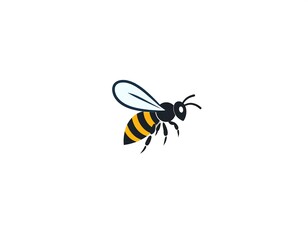 Cartoon graphic of a stylized bee with black & yellow stripes flying on white background