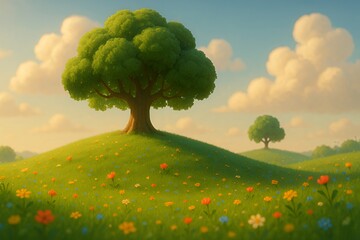 Beautiful vibrant meadow with wildflowers and trees under a serene sky, perfect for dreamy landscapes or nature themed projects offering tranquility