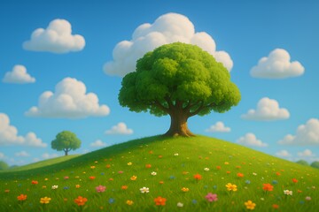 Enchanting meadow with vibrant wildflowers and a majestic tree under a sunny sky, perfect for springtime promotions and nature-inspired campaigns