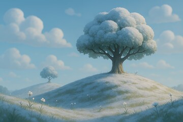 Dreamy winter landscape with snow covered trees and gentle clouds, evoking peace and tranquility for inspirational designs or serene backgrounds