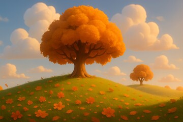 Fall fantasy landscape with golden trees and peaceful sky, evoke feelings of tranquility and joy in nature's beauty on a sunny day
