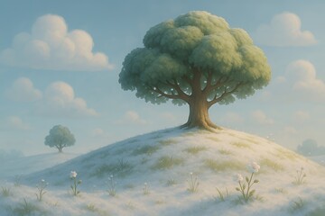 Tranquil landscape featuring a lone tree on a snow-covered hill under a pastel sky, evokes peace and serenity, perfect for dreamy and whimsical projects