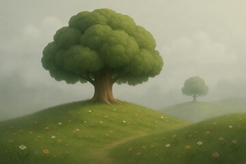 Enchanting green rolling hills dotted with vibrant wildflowers under a soft, misty sky with a majestic tree standing tall