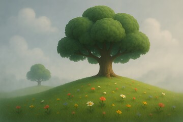 Enchanting landscape with rolling green hills, vibrant wildflowers, and whimsical trees perfect for children's books or dreamy nature scenes