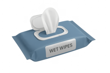 Wet wipes package with open dispenser, showing a clean disposable tissue, symbolizing hygiene and sanitation on transparent background