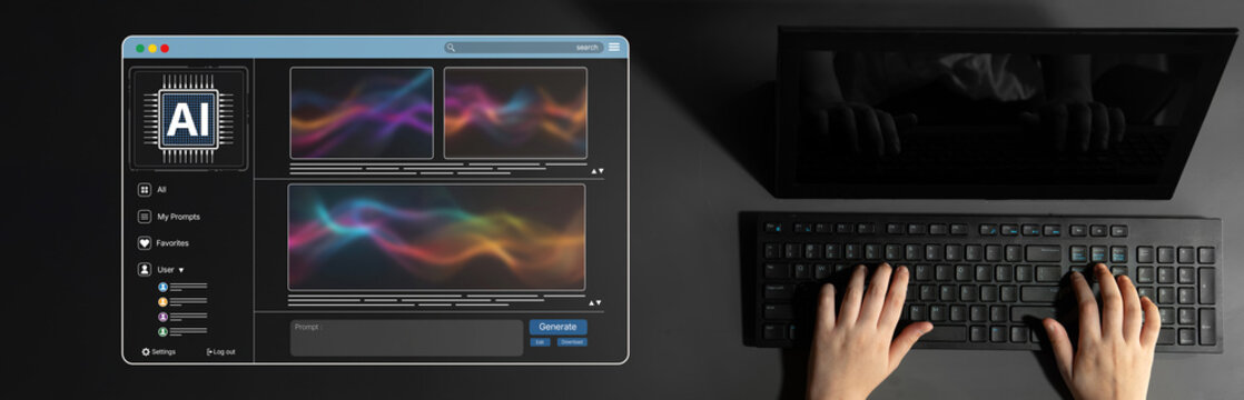 AI platform generating art images with dynamic interface. AI-generated content appears in image gallery artificial intelligence view. Genrative AI loading multiple image from AI design engine. Spline