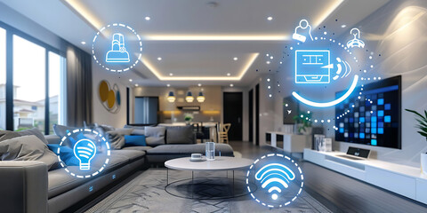 Modern smart home living room with futuristic technology interface overlay