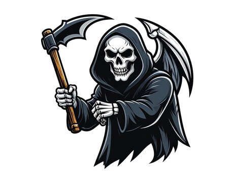 Cartoon Grim Reaper, wearing a hooded cloak, menacingly holds a scythe on white - Powered by Adobe