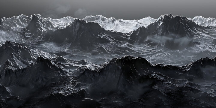 Dramatic, stormy ocean waves crash against rugged, snow-capped mountains under a dark sky.