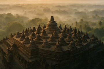 Borobudur Temple. Ancient Buddhist temple awakens in misty sunrise, inspiring serenity and travel dreams