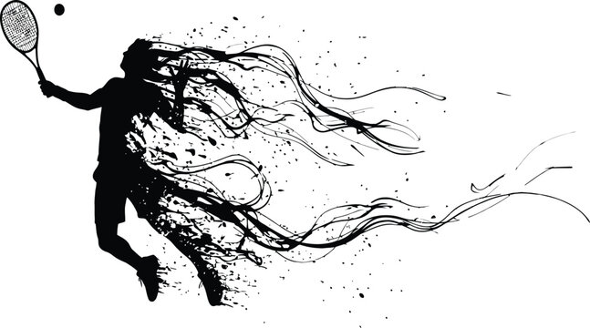 Tennis player silhouette with dynamic ink splash and flowing ribbons, powerful serve motion, speed energy trails, abstract black-and-white sports vector art.