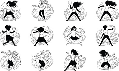 Women energy-bender poses set, dynamic female characters with swirling elemental waves, black-and-white vector illustration icons for motion and power