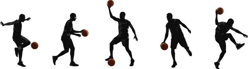 Basketball, silhouette, players, dribbling, shooting, dunking, teamwork, motion, energy, athletic, sports, dynamic, action, training, competition, fitness, performance, skill