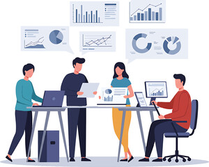 Four Professionals Collaborating on Data Analysis at a Table.