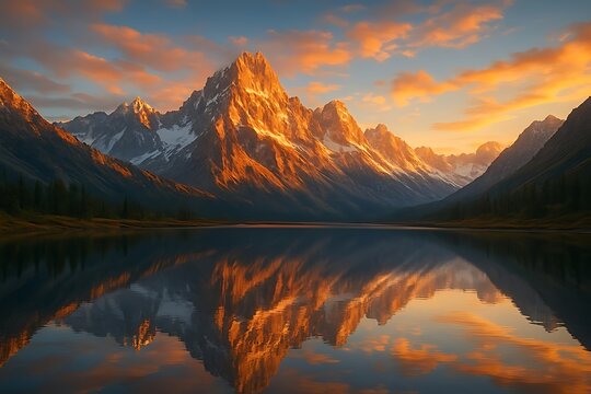 Golden sunrise over majestic snow-capped mountains reflected in a tranquil lake