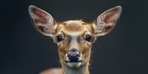 Fototapeta premium Curious deer with large ears looking directly at the camera in a dark, natural setting