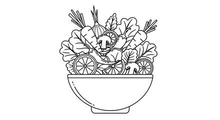 Healthy Salad Bowl Ingredients Line Art Vector - Fresh Food Outline Icon