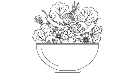 Healthy Salad Bowl Ingredients Line Art Vector - Fresh Food Outline Icon