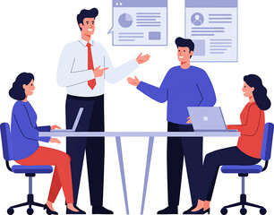 Team Meeting Illustration: Business Professionals Discussing Project Plans and Data.