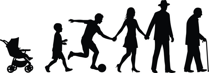 Human life stages silhouette, baby to elderly, aging concept, timeline, growth, development, people evolution, generational journey, aging process