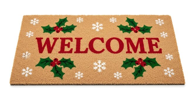 Cozy Christmas Welcome Doormat with Holly & Snowflakes