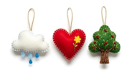 Handmade Felt Ornaments: Cloud, Heart, Tree Symbols
