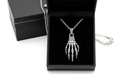 Silver Skeleton Hand Necklace in Luxury Black Box