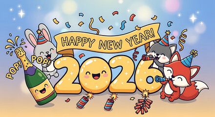 Naklejka premium Happy New Year 2026 Celebration with Cartoon Characters